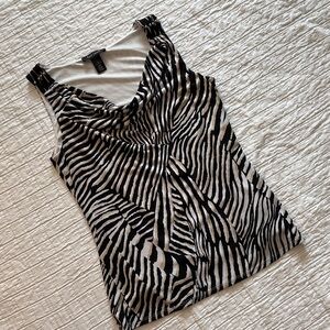 NWOT White House Black Market Zebra Print Cowl Neck Top Shoulder Detail SMALL